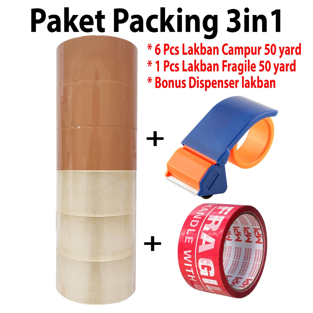 

[BONUS DISPENSER] 3 Pcs Lakban Bening + 3 Pcs Coklat 45mm x 50 yard + 1 Pcs Lakban Fragile 50 yard
