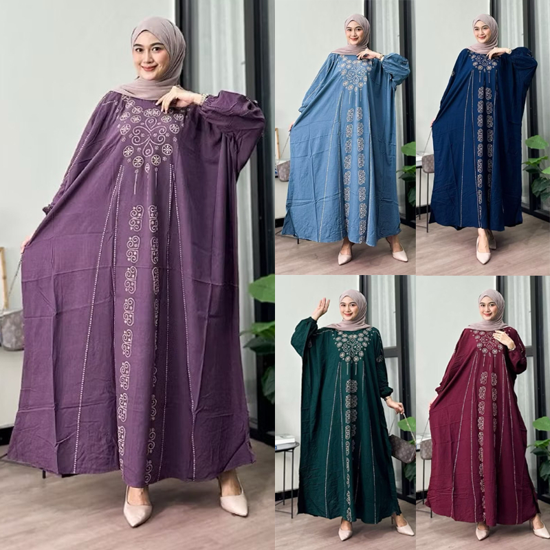Kaftan Rayon Motif Nahla Daster Long Dress Rayon Jumbo Gamis Batik Wanita Lengan Panjang Modern