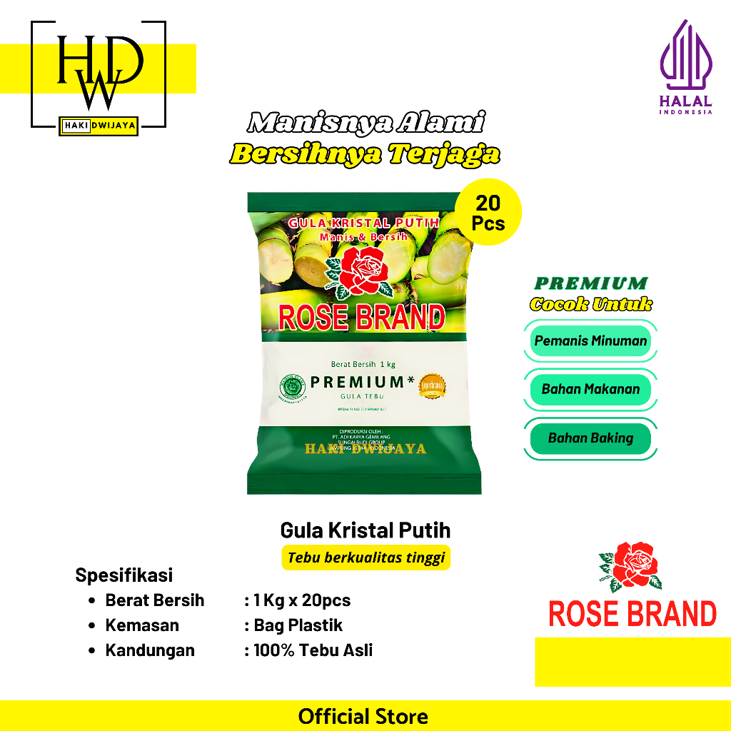 

Rose Brand Gula Pasir Kemasan Hijau Premium 1kg x 20pcs / 1 Sak