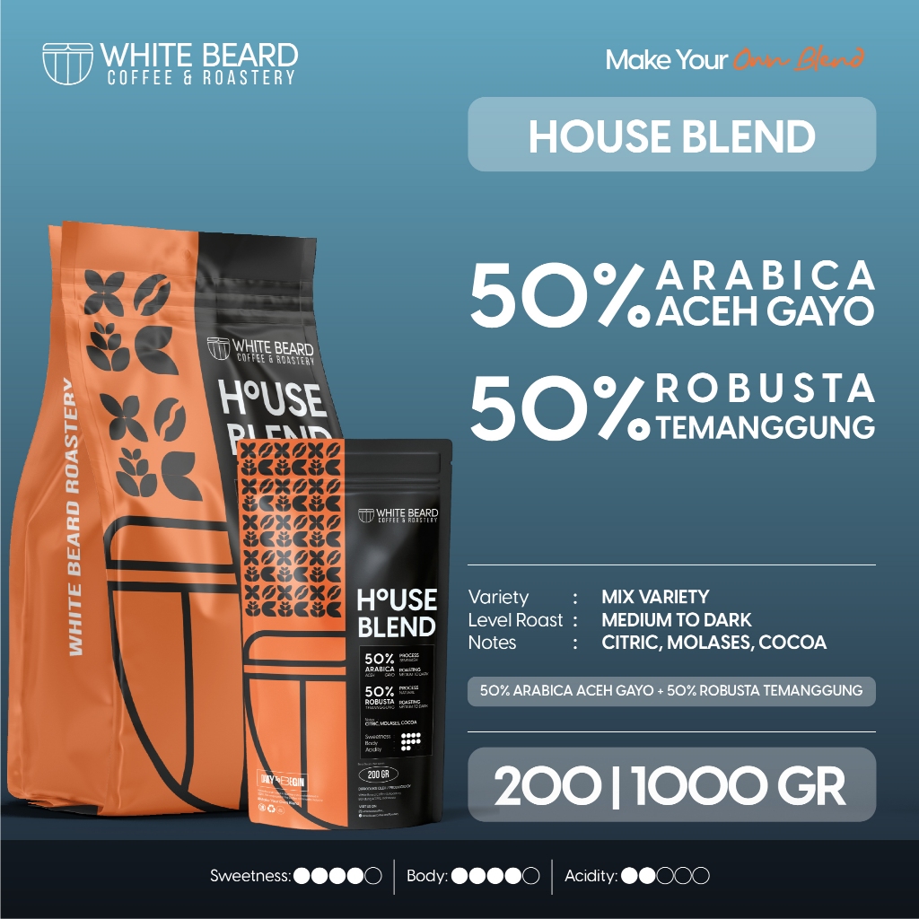

Whitebeard - Houseblend 50% Arabika Aceh Gayo 50% Robusta Temanggung Biji Kopi Bubuk 200 gr 1 kg