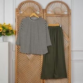 Setelan Salur Wanita Atasan Celana - Hijau Army