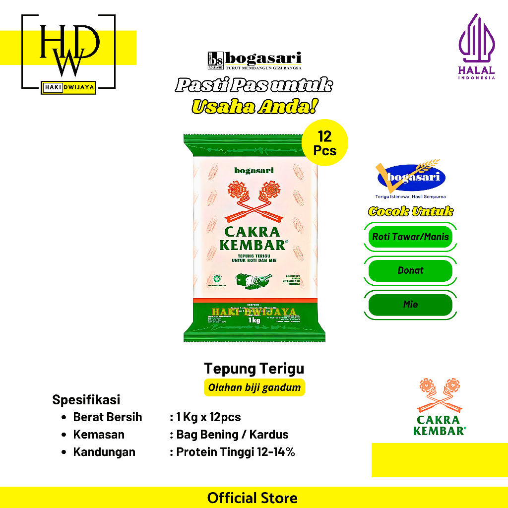 

Bogasari Cakra Kembar Tepung Terigu Protein Tinggi Pilihan Tepat untuk Roti, Donat & Mie 1Kg x 12pcs