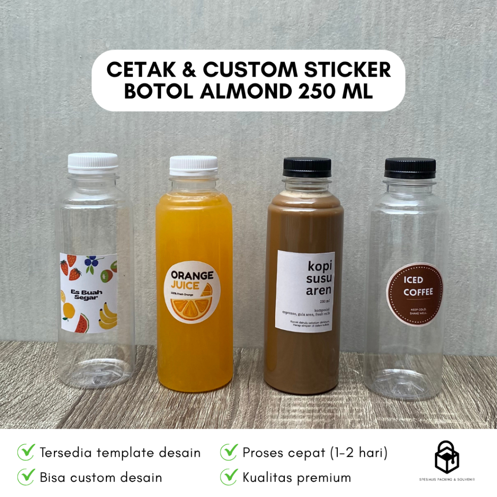 

Cetak Custom Stiker Botol Almond Bulat Bening 250 ml | Print Label Sticker Logo