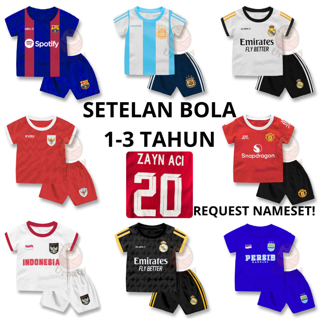 URBABY - Setelan Baju Bola Jersey Anak Bayi 1 - 3 TAHUN Sablon CUSTOM NAMA Anak Laki Perempuan - Kao