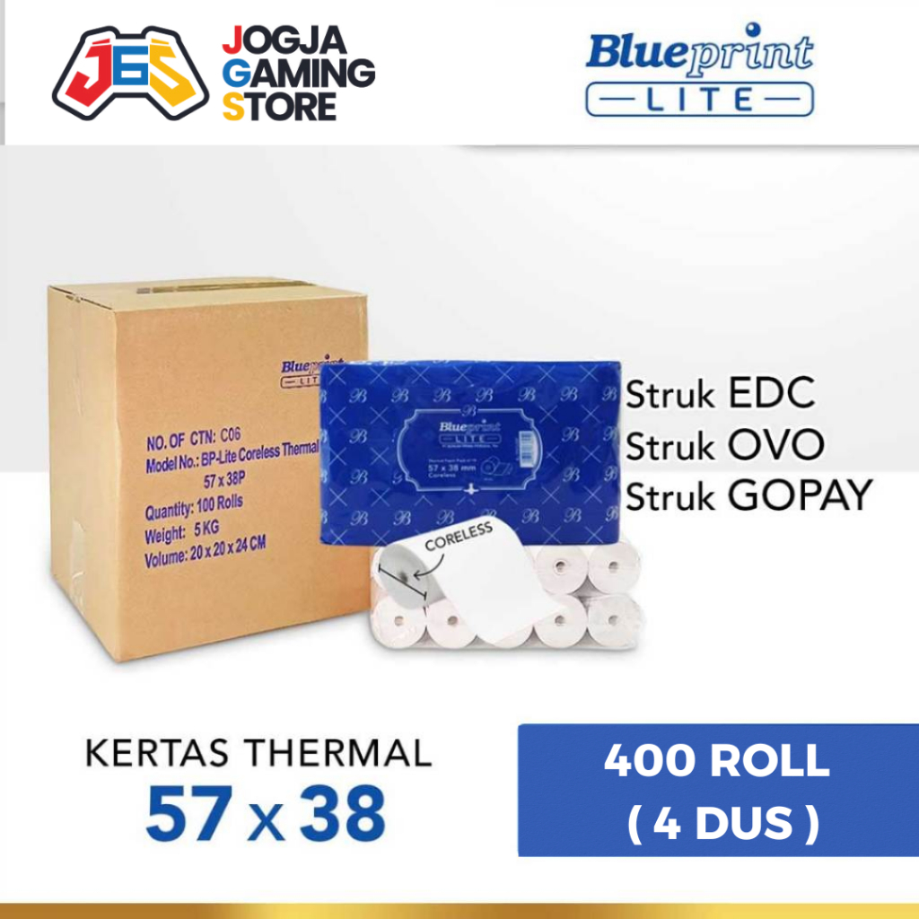 

Kertas Thermal Struk Kasir PPOB Parkir Printer Mini Blueprint Lite57 x 38 - Paket 4 dus (400 Rol)