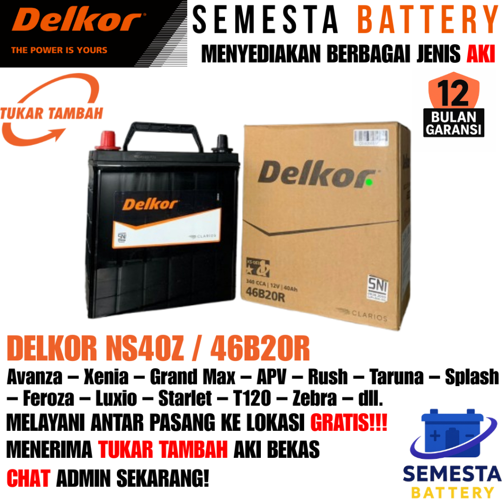 Aki Mobil Delkor NS-40Z / 46B20R MF – Aki Kering, Garansi 12 Bulan – Cocok untuk Avanza, Xenia, Gran