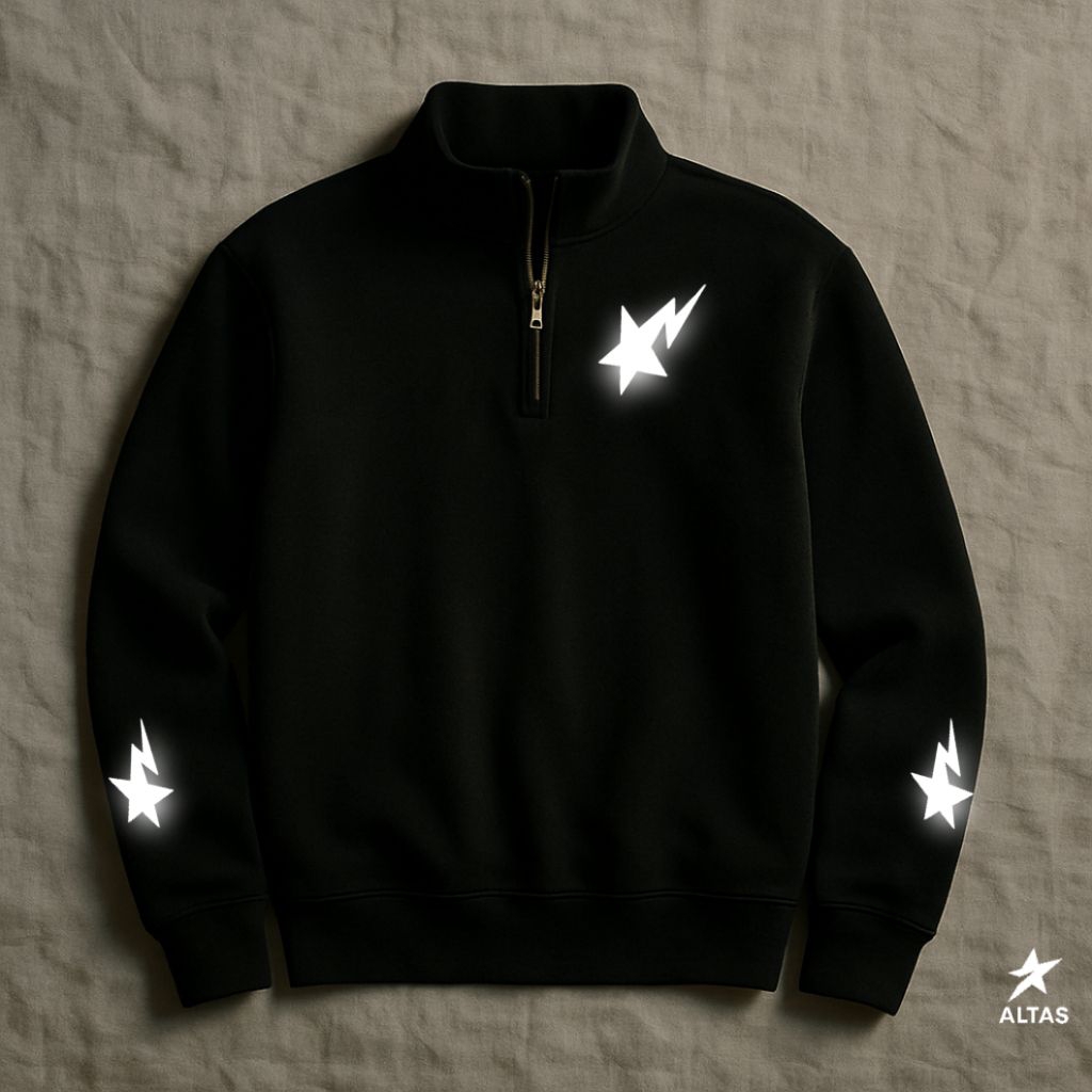 Altas Sweater nyala halfzipper bintang nyala reflektif hitam nyala trend pria wanita