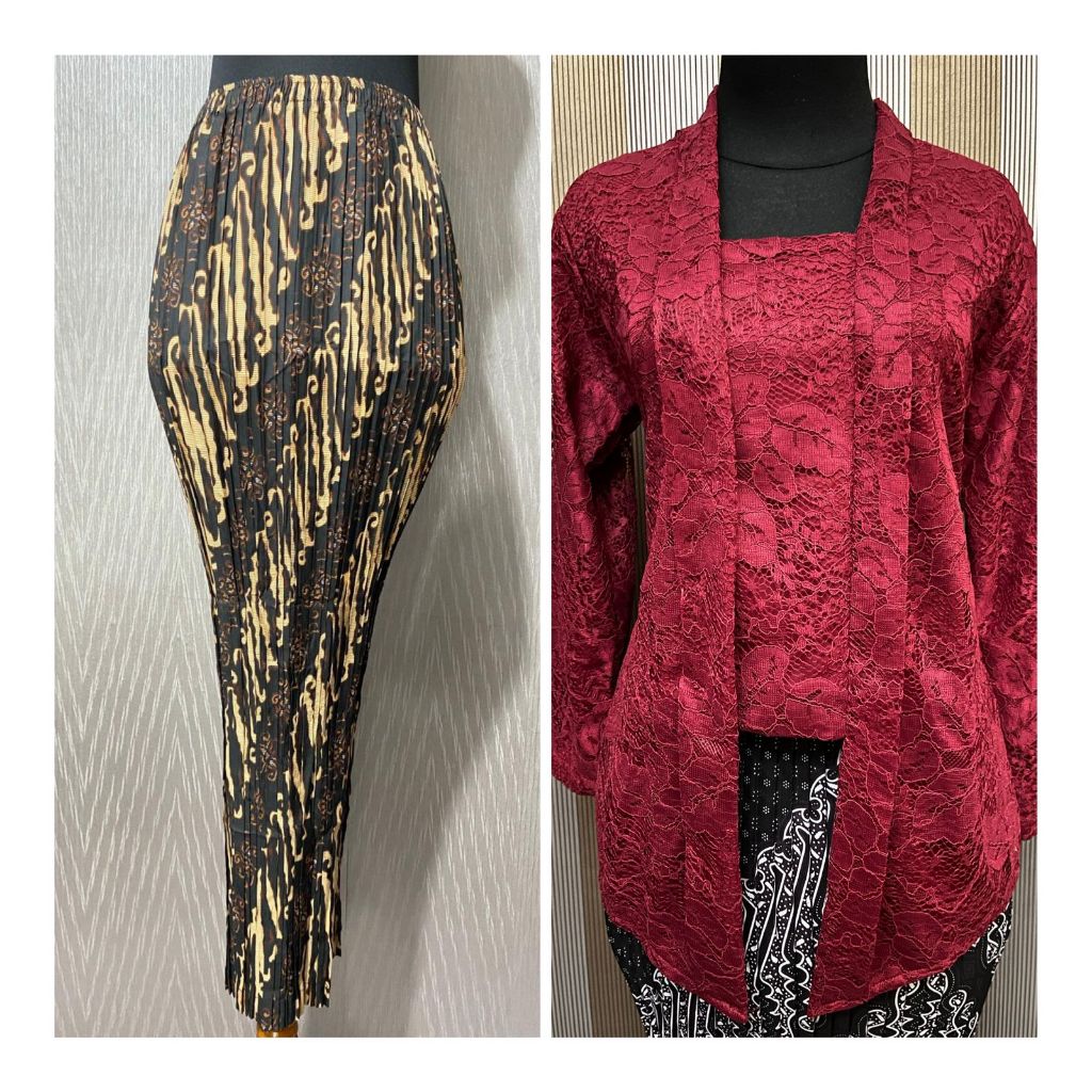 Setelan Kebaya Brokat/Blus Batik Wanita Lengan Panjang/One Set Kebaya/One Set Kebaya Rok Plisket/Rok