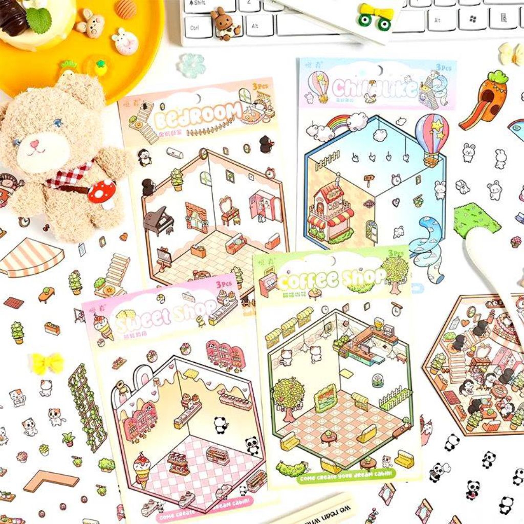 

Sticker Cute Carton Animal Mini Cabin Scene 3D Landscaping DIY/ Stiker Tempelan Deco Hiasan