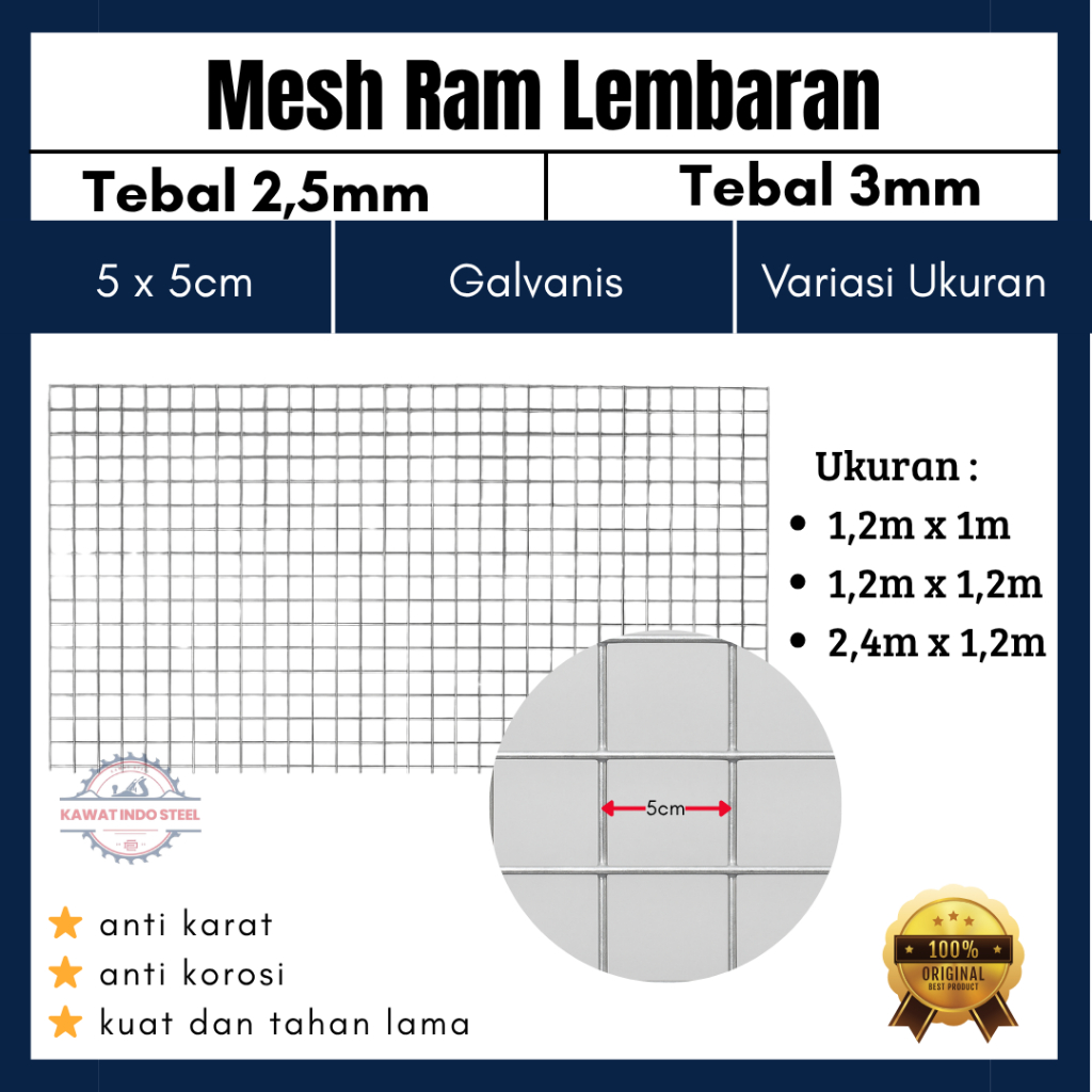 Ram Mesh Galvanis Lembaran Variasi Ukuran – Tebal 2,5mm & 3mm – Lubang Kotak 5x5cm