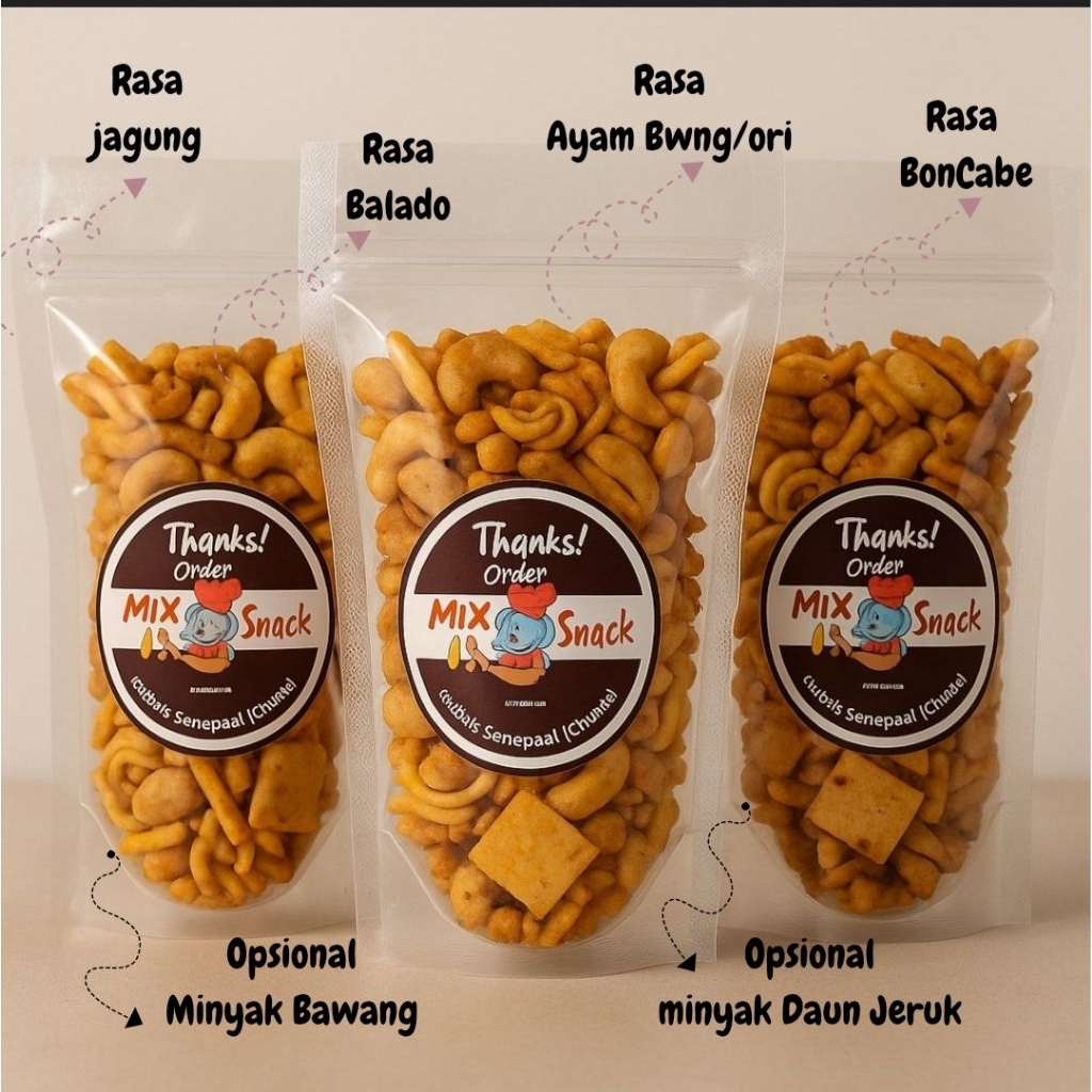 

Cemilan Mix +-100gr. Kulit Krispy | Usus Krispy | Sebring Krupuk | Basreng |Makaroni |