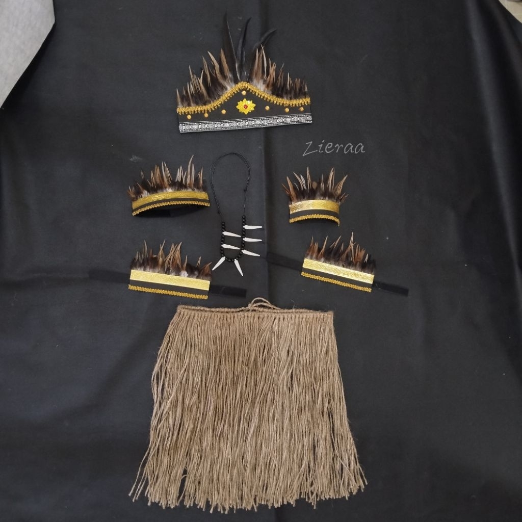 Set Paket Komplit Kostum Aksesoris Tari Papua Dayak Ikat Kepala Kalung Gelang Rok Rumbai