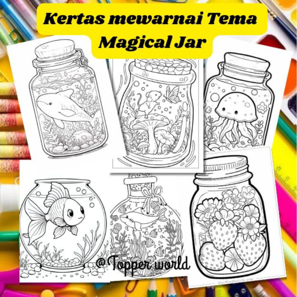 

20 LEMBAR KERTAS MEWARNAI ANAK TEMA MAGICAL JAR (READY LANGSUNG KIRIM)