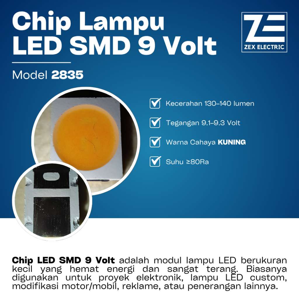 Chip LED SMD 2835 9V 130-140 Lumen ZEX Electric - LED Module Kuning Yellow Light Premium