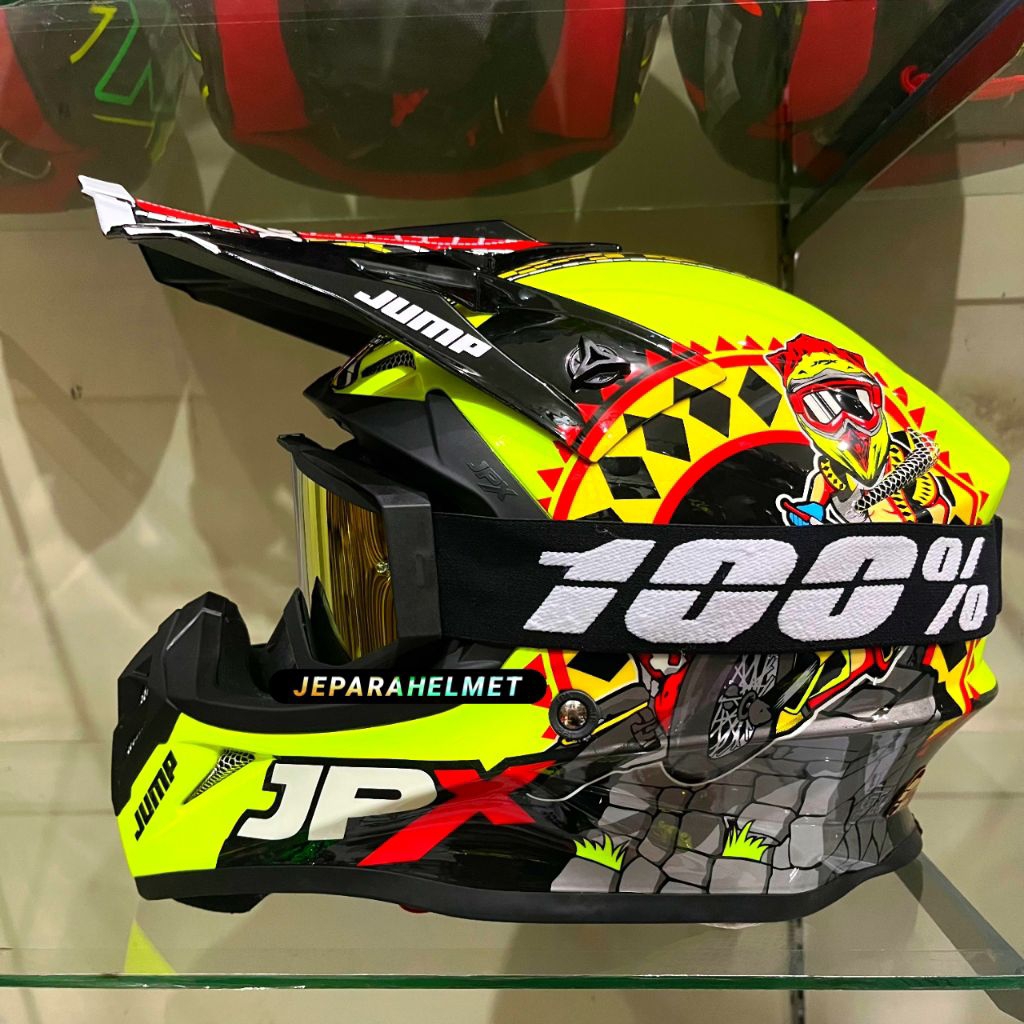 Helm JPX Cross X32 Jump Yellow Kuning Stabilo Fluo + Kacamata Goggle Google 100% ongkir 2kg Murah