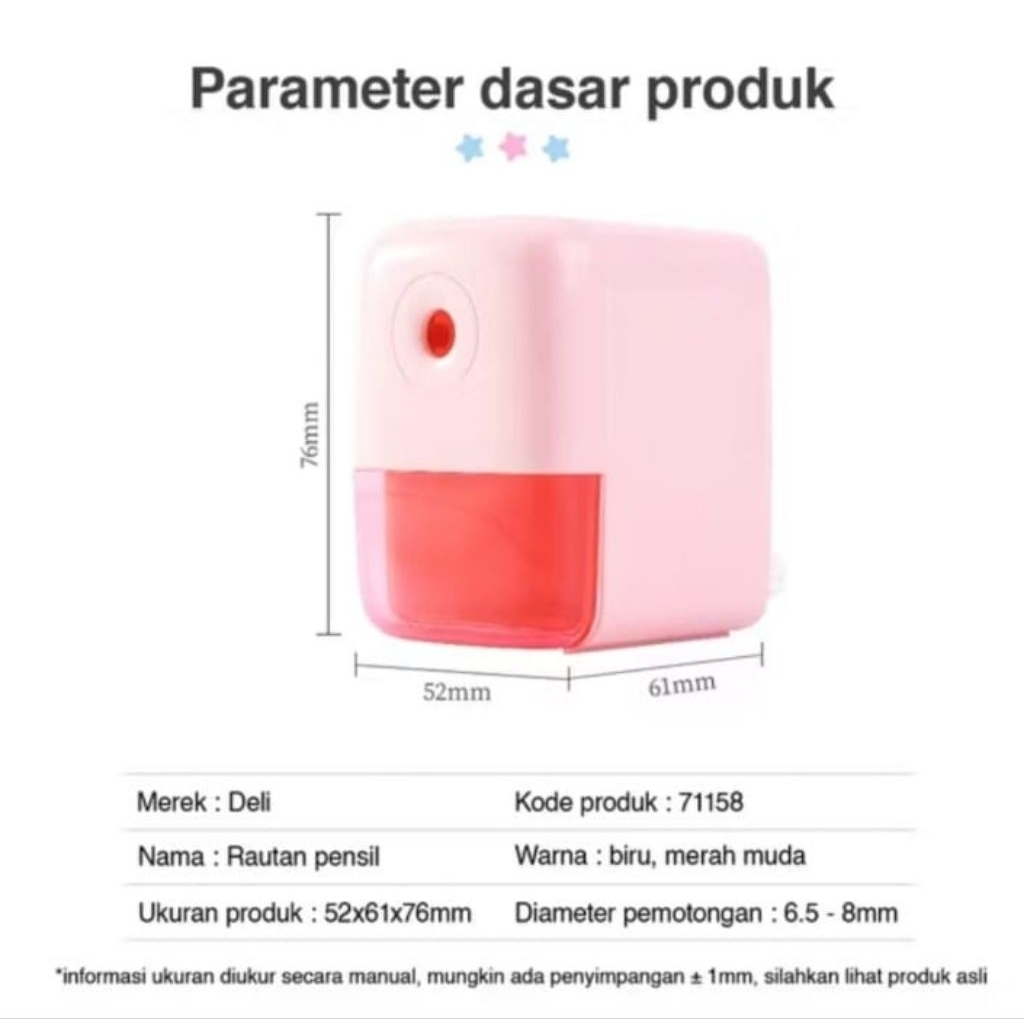 

Deli rautan mini warna pink guratan halus, otomatis , diameter pensil yang digunakan 6,5mm-8mm dapat digunakan lebih dari 3500 kali 71158