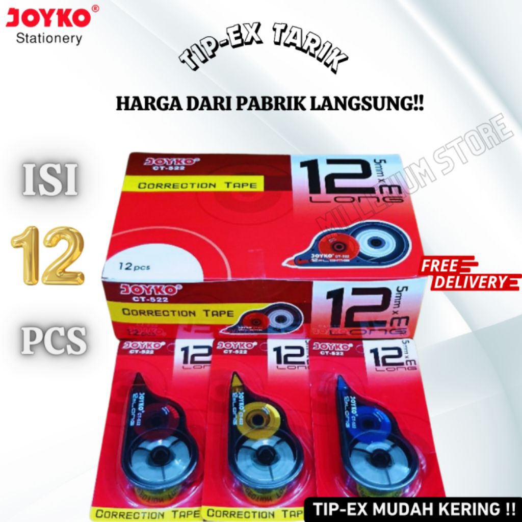 

Tipe-X kertas joyko 12 m CT-522 1 box isi 12 pcs