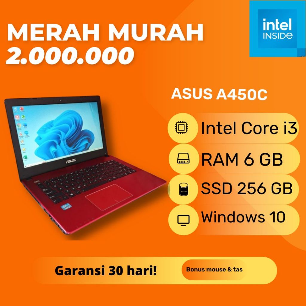 Laptop Asus A450C Warna Merah Red Intel Core i3 RAM 6GB SSD 256GB Windows 10 Second Bekas