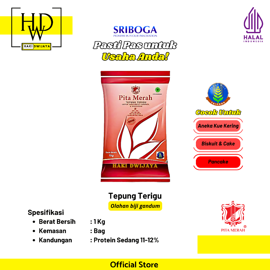 

[1kg] Sriboga Pita Merah Tepung Terigu Protein Sedang Serbaguna untuk Kue, Gorengan & Makanan Rumahan