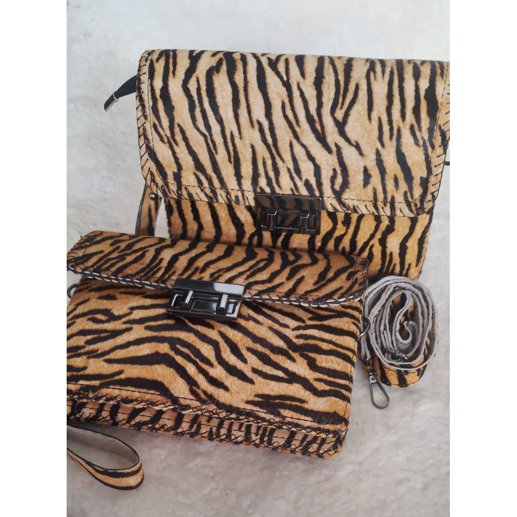 Tas handbag kulit sapi bulu asli motif harimau