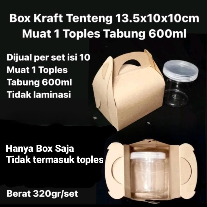 

Box Kraft Tenteng 13.5x10x10cm Bentuk Gable Dijual per Set Isi 10 Box Muat 1 Toples Tabung 600ml / Gable Box