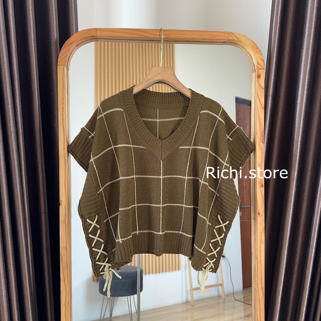 Jenna Vest Crop Rajut Atasan Wanita Pendek Knitwear Rompi Kotak Tali Serut