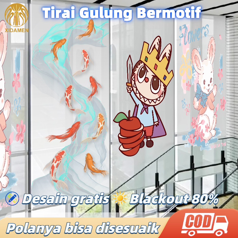 Desain Guling Bermotif Tirai Gulung Roller Blind Dekorasi Interior Pola Kartun Cetak UV Jendela Roll
