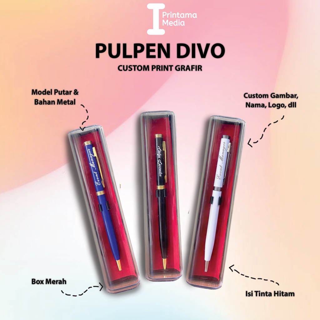 

Custom Pulpen / Pena Divo Souvenir Promosi Metal Putar Cetak Laser Grafir