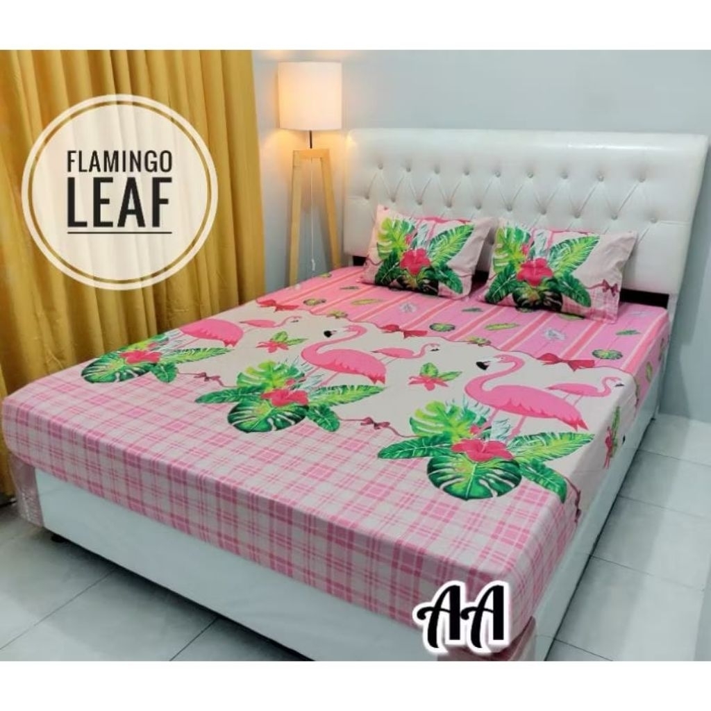 SPREI KARET KATUN PREMIUM 90/100/120/140/160/180/200 Motif burung Flamingo flaminggo pink leaf daun 