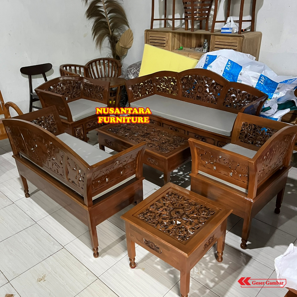 Set Sofa Tamu Kartini Kayu Jati Ukir Klasik 3-2-1-1 + 2 Meja - Kursi Tamu Jepara Premium Berkualitas