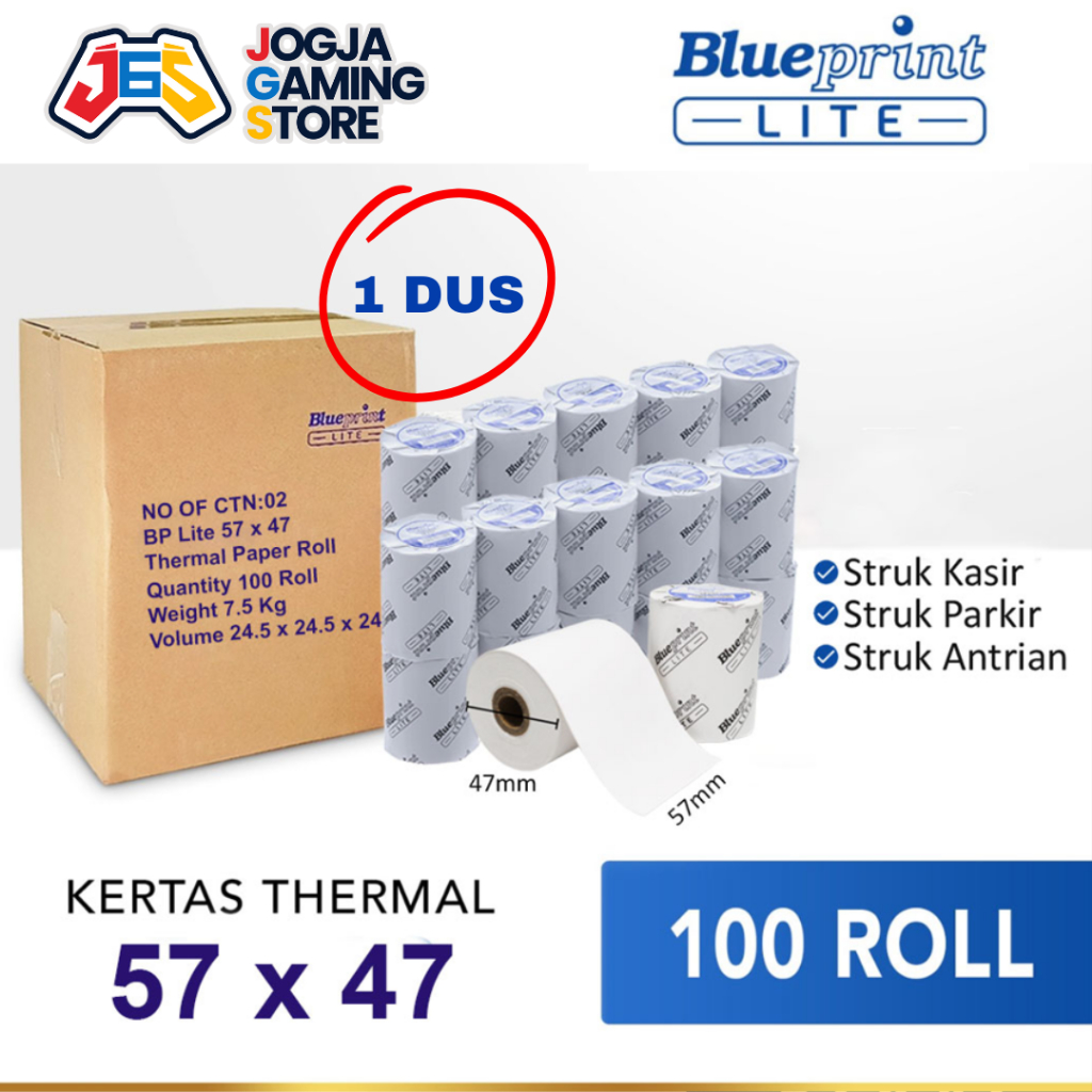 

KERTAS THERMAL ROL MURAH STRUK KASIR PARKIR PPOB CASH REGISTER BLUEPRINT LITE 57x47 57x48 - 1 Dus