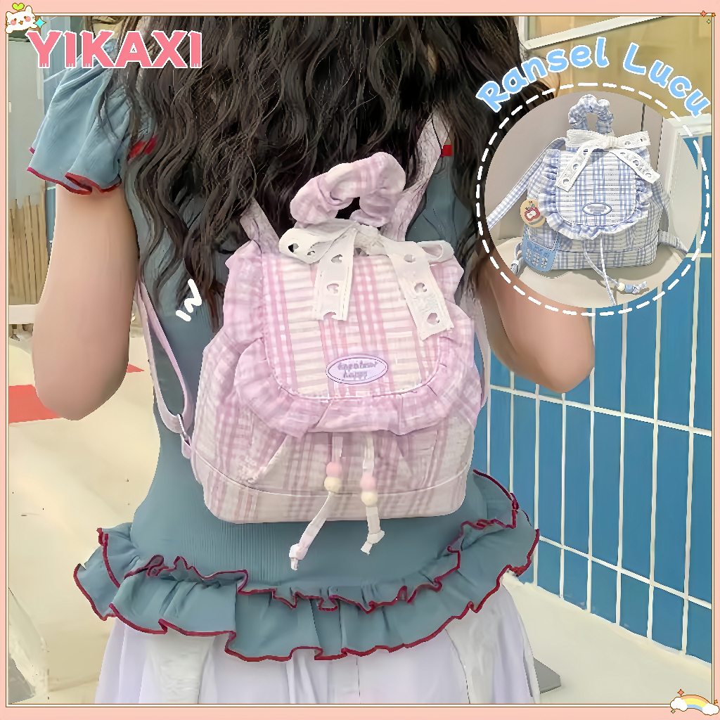 [COD] Ransel Mini Renda Baru/ Ransel Kotak-Kotak Korea Lucu/Tas Sekolah Wanita Gaya Kuliah/ Korea Im