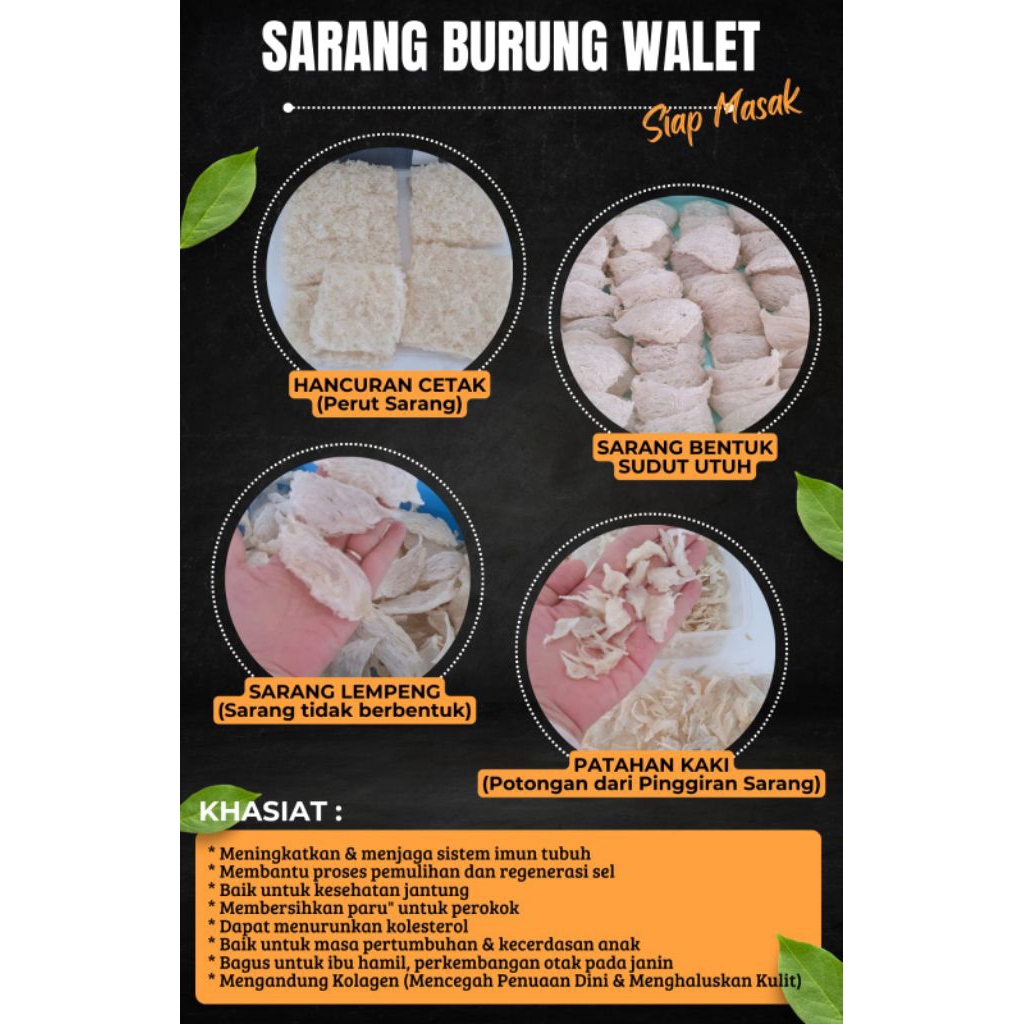 

Sarang Walet (Hancuran) 250gr, 500gr, 1kg