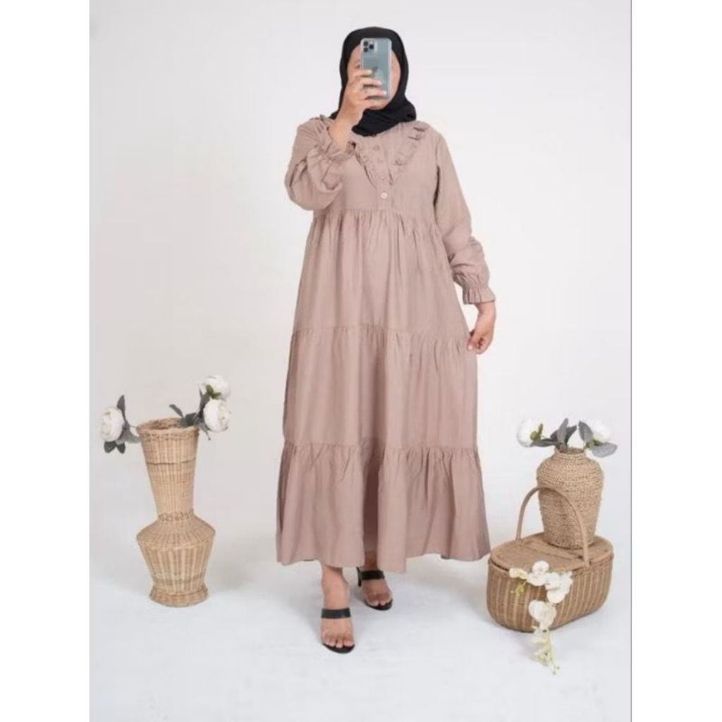 Dress Gamis Susun Polos Variasi Rempel Dada Polo Linen Premium