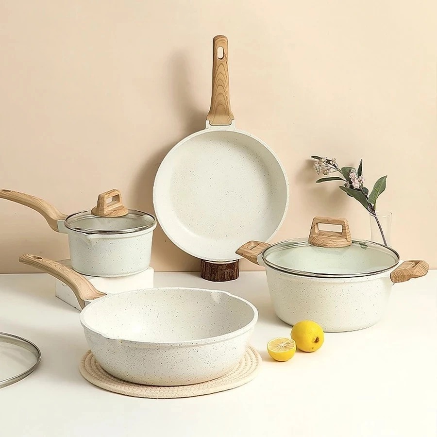 Set Peralatan Masak Wajan Panci Granit Dapur Berlapis Granit Standar 7 Pcs Ramah Lingkungan Set Pera