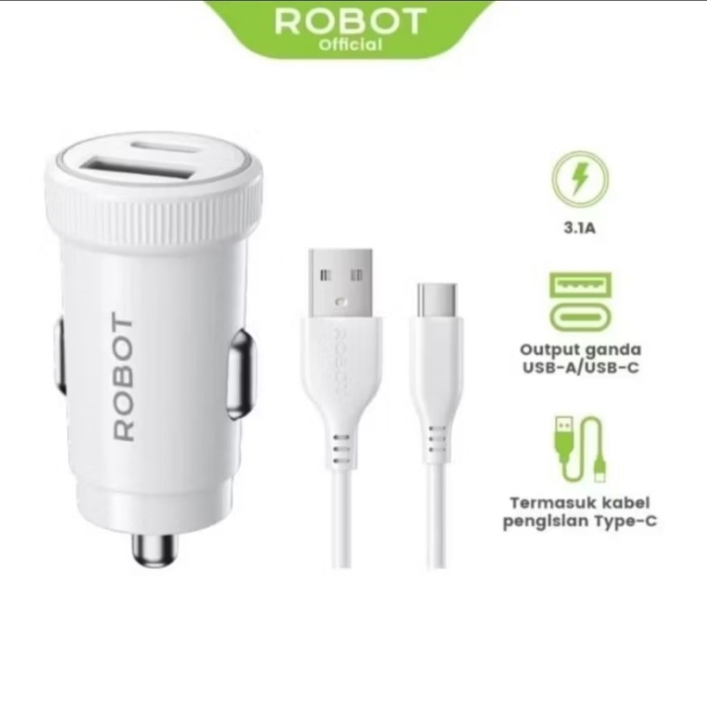 ROBOT RT-C13 Car Charger 3.1A Colokan Charger Mobil Dual Port Output Ganda With Type C Charger Cable