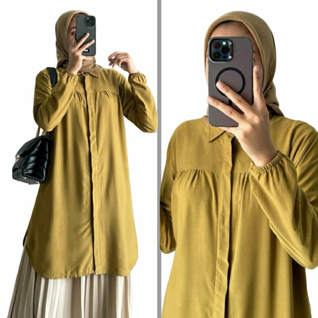 Tunik Jumbo Rempel Dada, Kemeja Long Tunik Kancing, Tunik Model Terbaru dan Kekinian