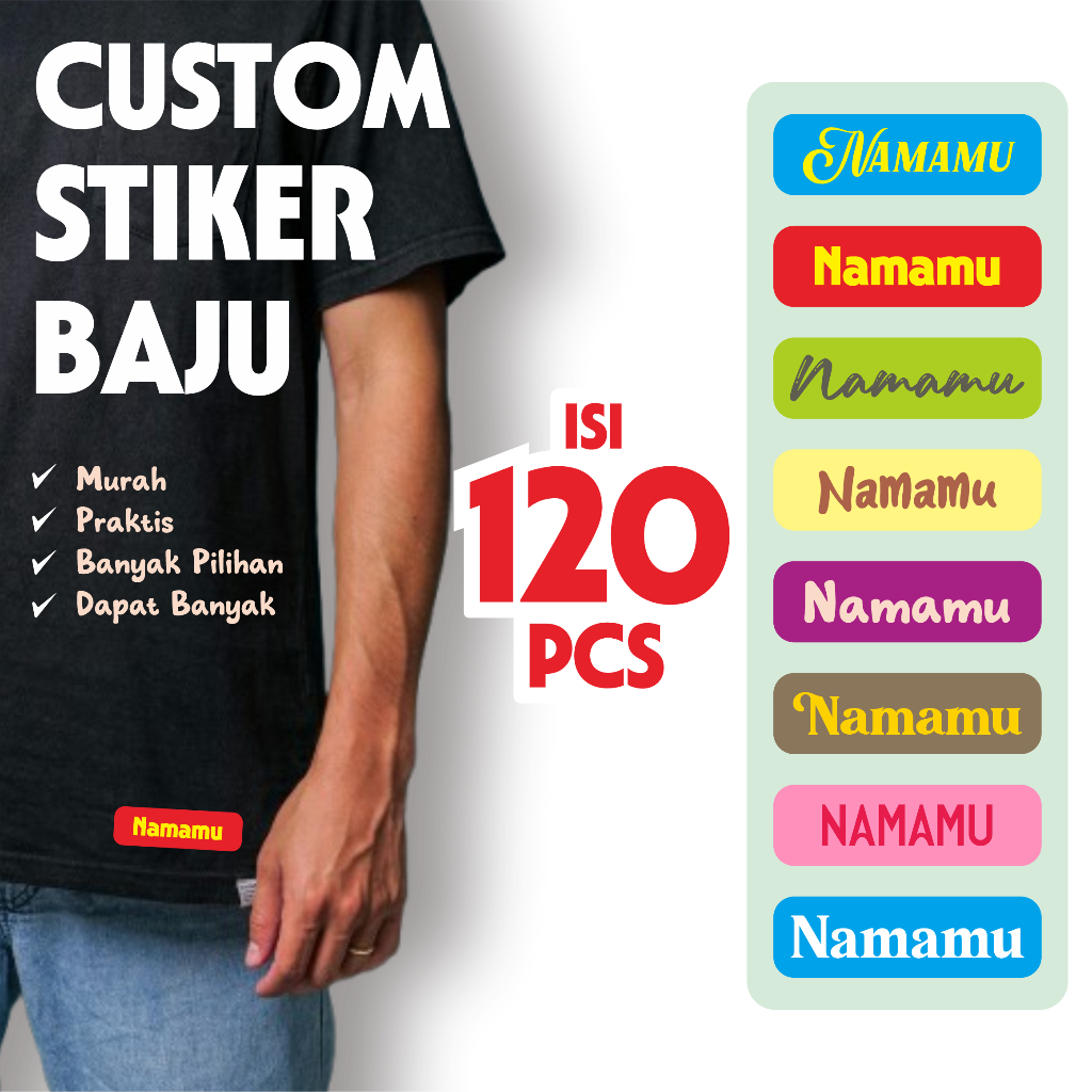 

Custom Sticker Label Baju Nama isi 120 Pcs Sablon Setrika Nama Baju DTF Sticker Kain Label Jilbab