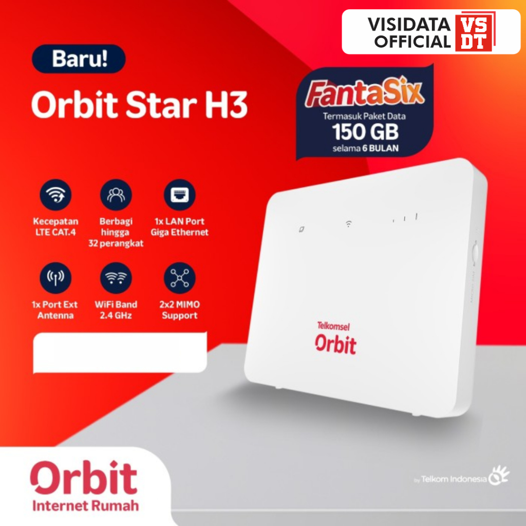 Telkomsel Orbit Star H3 Modem Wifi 4G LTE Cat4 High Speed Bonus Kuota Data 150GB - Garansi Resmi