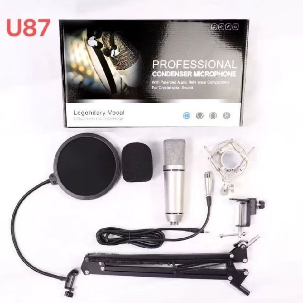 Professional Mic Microphone Condenser U87 Mic kabel Karaoke live streaming podcast U 87 plus stand