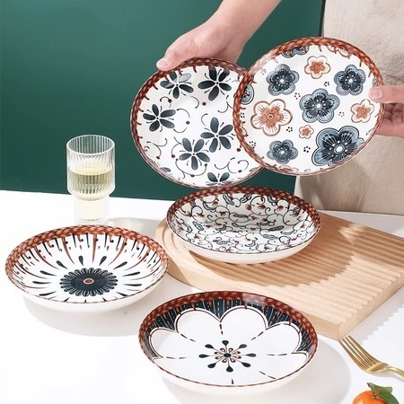 Piring Makan Keramik Motif Bunga Bunga Daun Ukuran 20cm Kitchenware Tahan Panas
