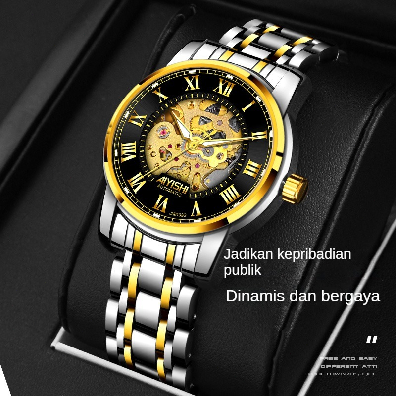 Aiyishi Jam Tangan Pria Otomatis Tahan Air Asli Keren Tahan Lama, Tourbillon Berongga Hitam Putih Te