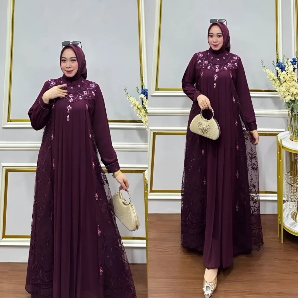 Baju Kondangan Terbaru Gamis Burgundy Ceruti Mix Brukat Aplikasi Payet Mewah Elegan Maxi Dres Brokat