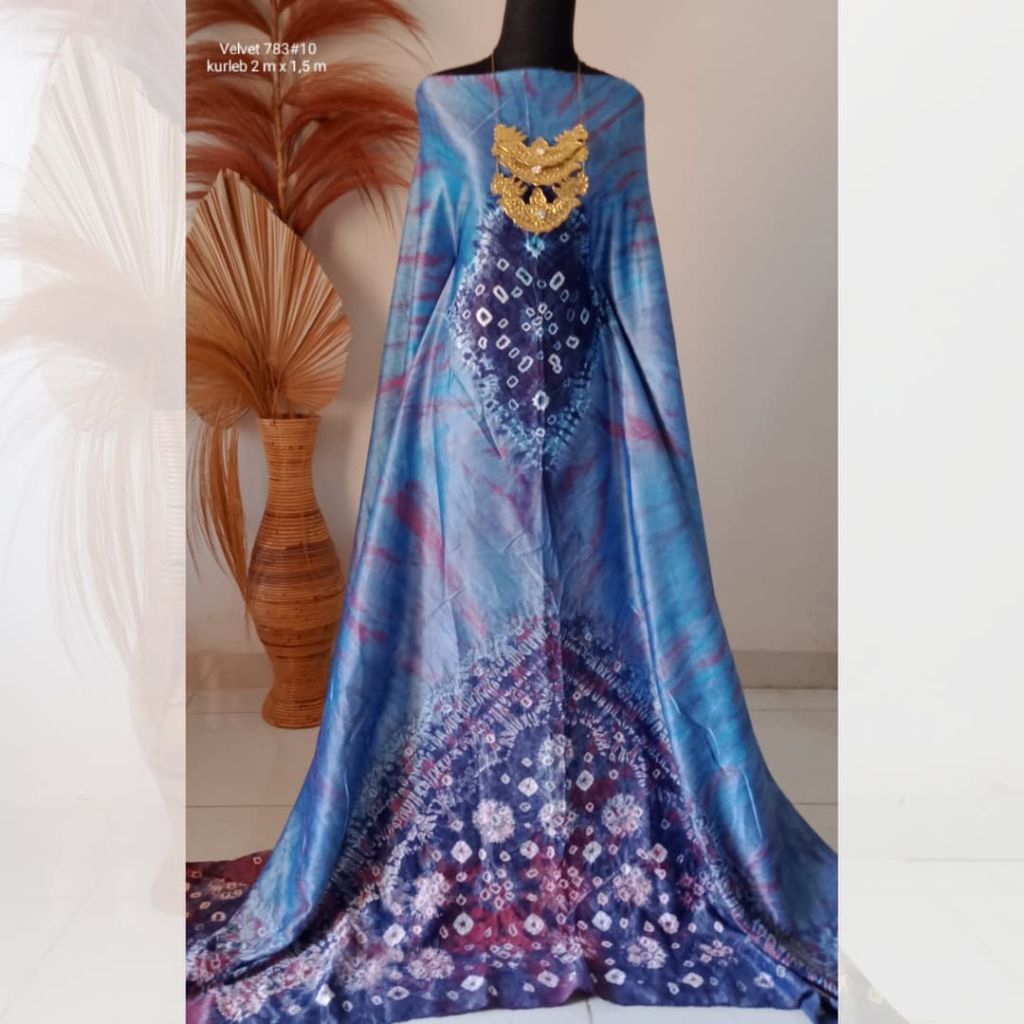 Bahan Kain Jumputan Palembang Handmade Dasar Velvet 2 Meteran Batik Jemputan Couple Biru