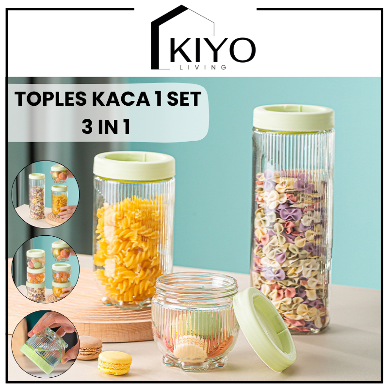 KIYO Toples Kue Lebaran Kaca 1 Set 3in1 / Toples Kaca Gladies Hazel Bening Anti Tumpah 3 pcs / Set S
