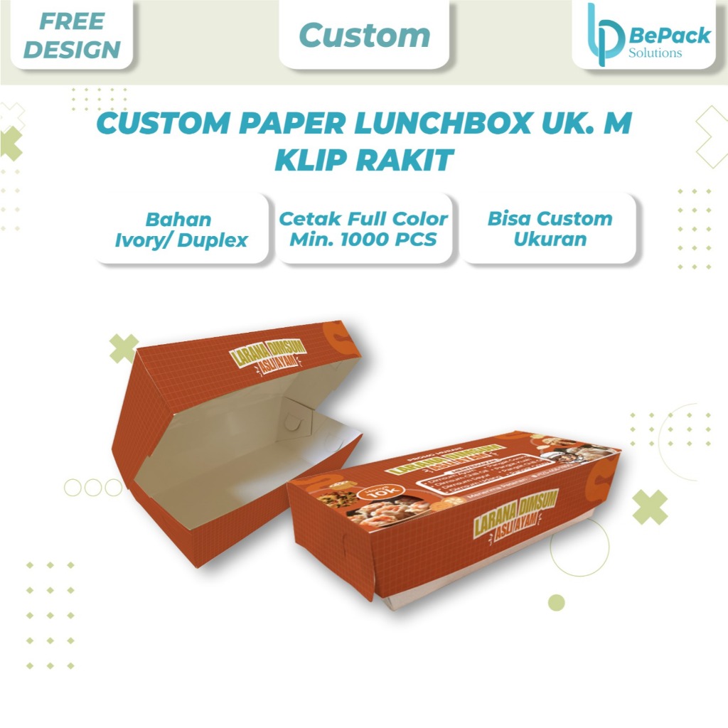 Custom Paper Lunch Box/ Cetak Box Wadah Makanan Size M Laminating Makanan Klip Rakit