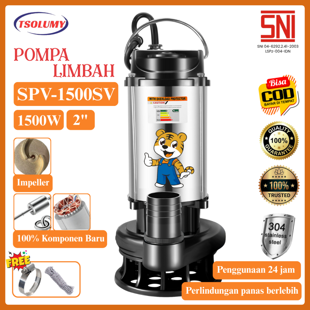 Tsolumy Pompa Celup SPV-1500SV Pompa Celup Irigasi Pompa Kolam Ikan Pompa Limbah Pompa Lumpur 50mm