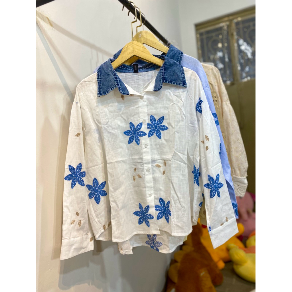 blouse kemeja bordir bunga wanita premium