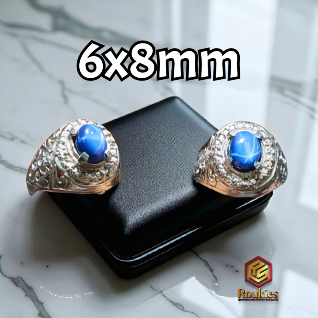 Cincin Batu American Star Biru Ring Alpaka Ukuran 6x8mm