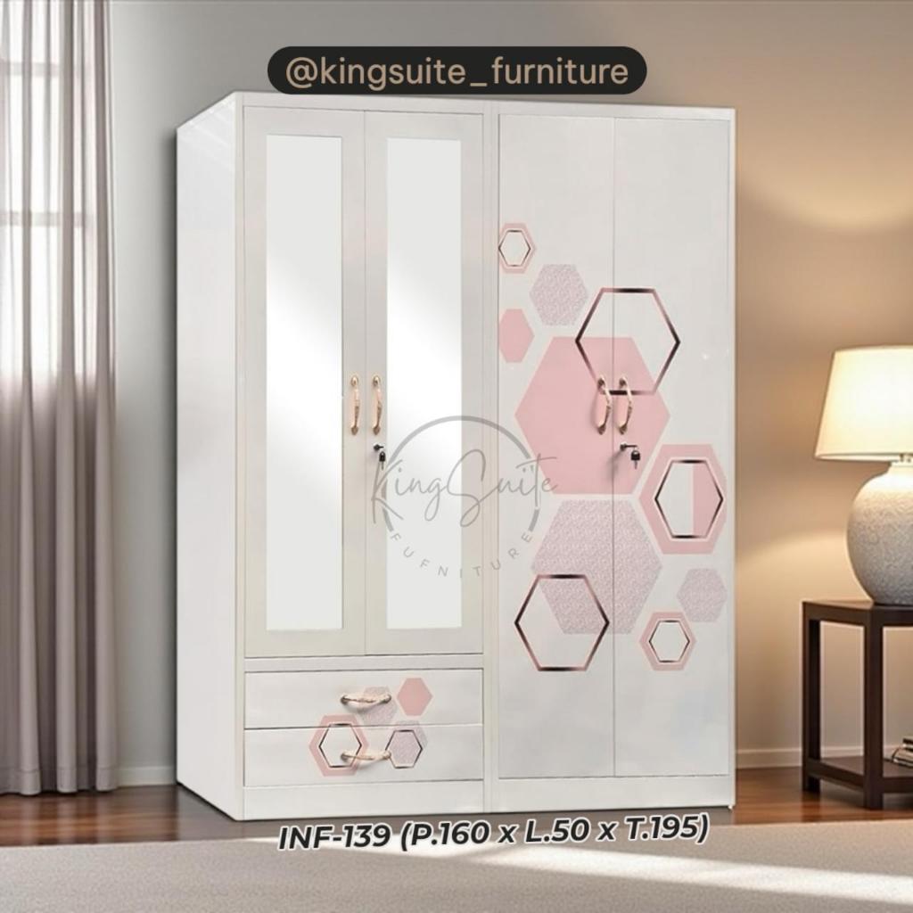 KSF RIO | Lemari Pakaian Impor Besi 4 Pintu Swing 2 Pintu Biasa 2 Pintu Kaca Cermin 2 Laci Minimalis